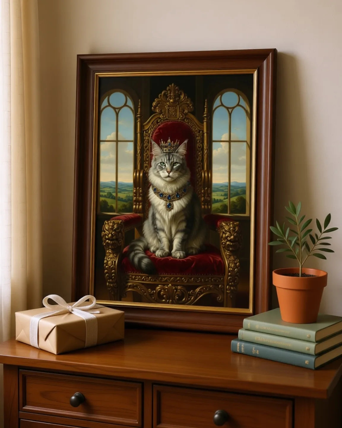 A framed portrait set down beside a wrapped gift on a walnut credenza.
